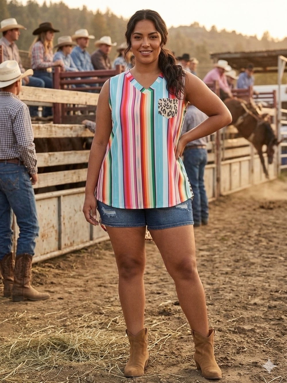 Plus Size 2XL Serape Stripe & Leopard Patchwork V-Neck Tank Top